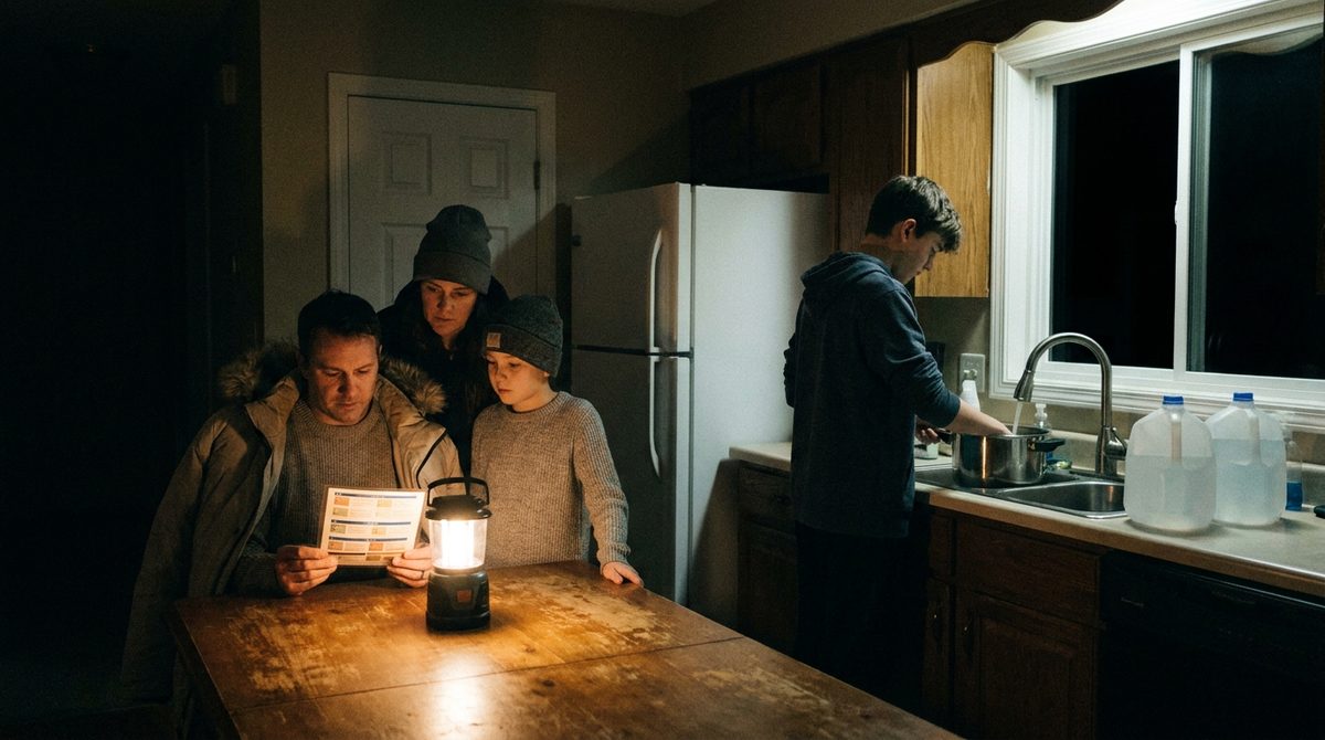 The same kind of kitchen on the same night, lit by one lantern. A parent reads from the fridge-door card while two family members look on. The refrigerator is shut. At the sink, a teenager fills a pot beside two full water jugs.