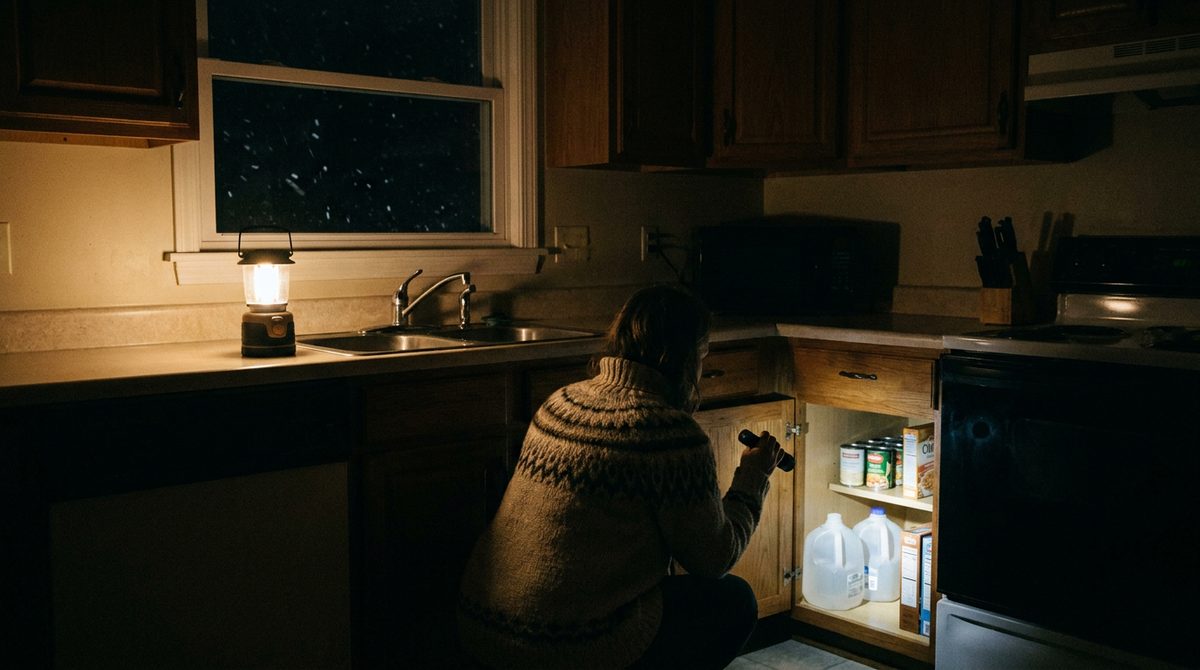 A dark kitchen at night lit by one battery lantern. An adult crouches at an open cupboard, counting water jugs by flashlight.