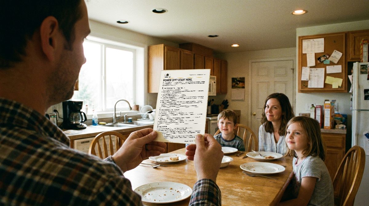 A bright, fully lit kitchen on an ordinary afternoon. A father holds the Blackout Ready fridge card, read over his shoulder, while his wife and two children listen across the table.