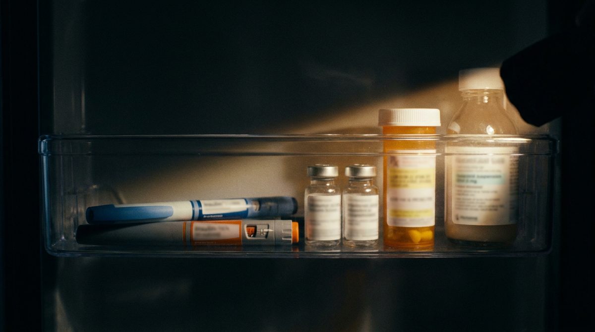 The inside door shelf of an unlit refrigerator at night, holding plain unlabelled medicine vials and injector pens beside a bottle of milk.