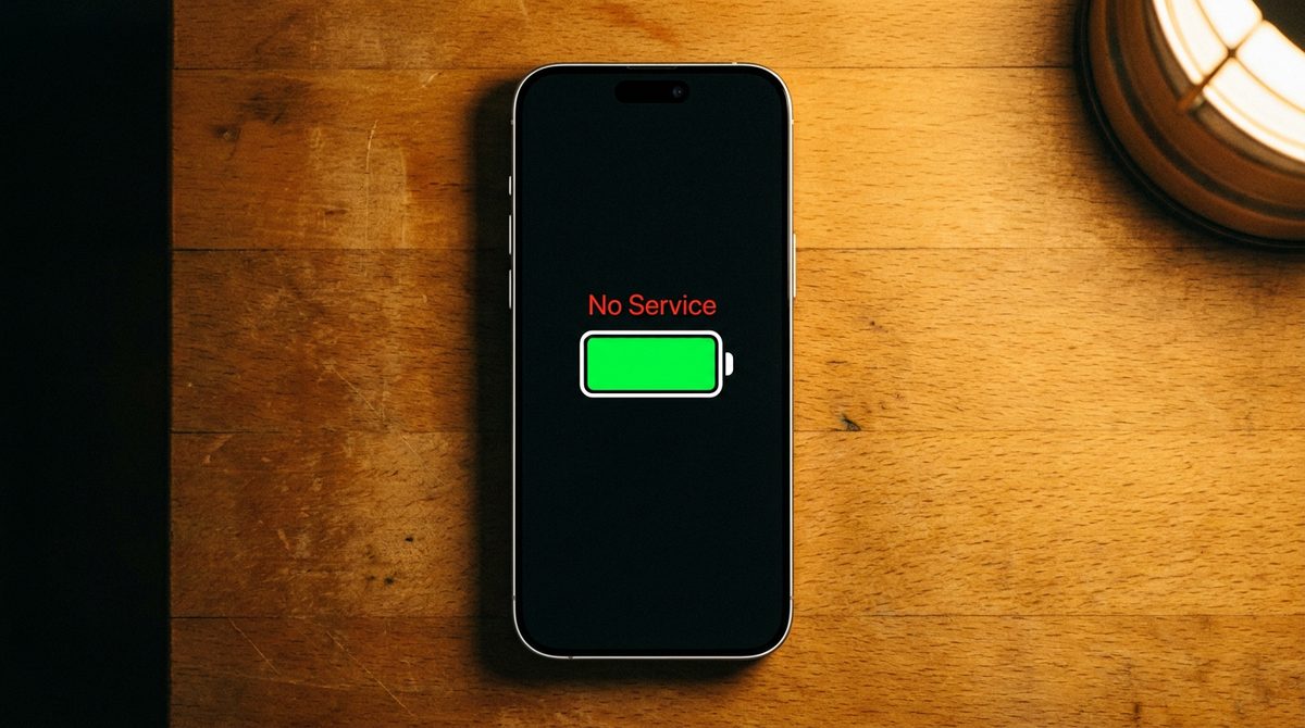 A smartphone face up on a kitchen table in a dark room, its screen reading No Service.