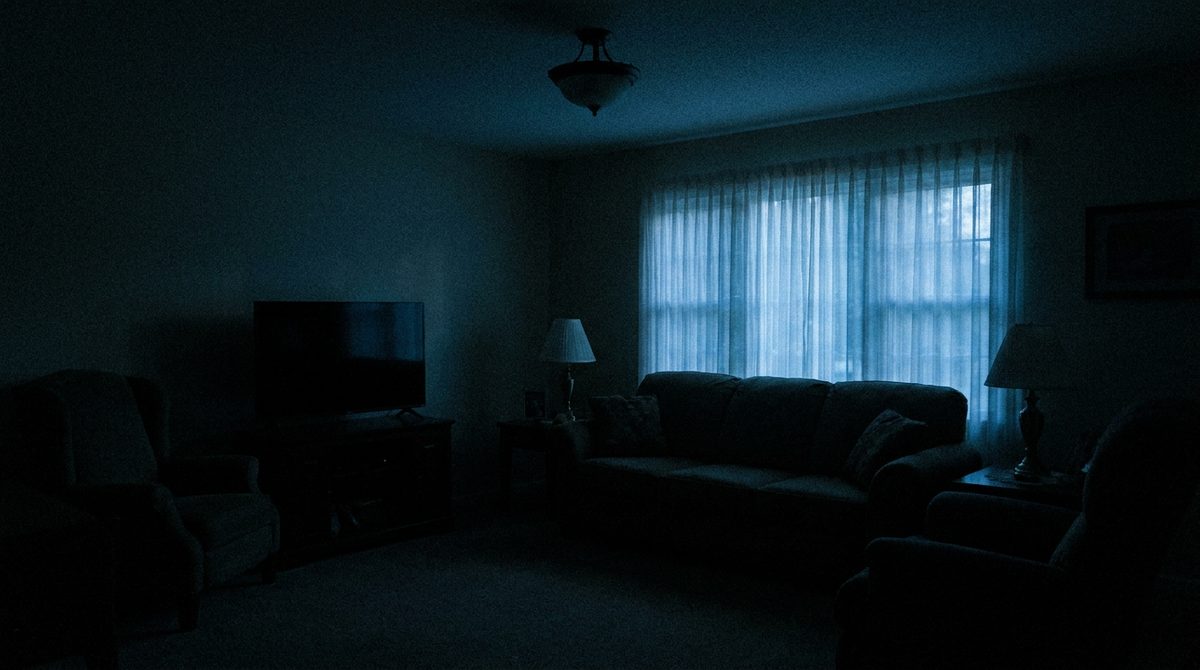 An ordinary living room at night with every lamp and the television dark, lit only by faint moonlight through the curtains.