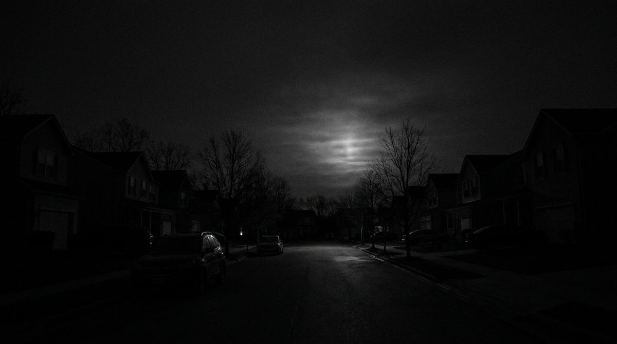 An ordinary American suburban street in full darkness at night, every streetlight off and every window black, lit only by moonlight.