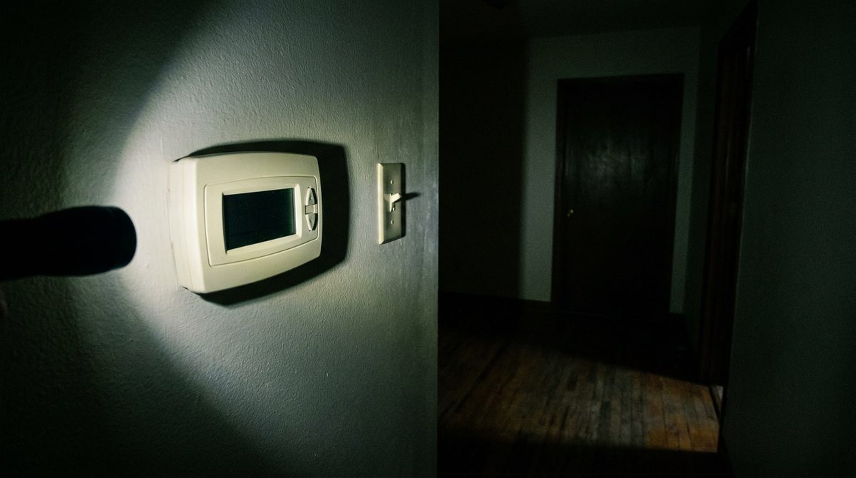 A wall thermostat in a dark hallway with a completely blank, dead display, lit by a flashlight from out of frame.