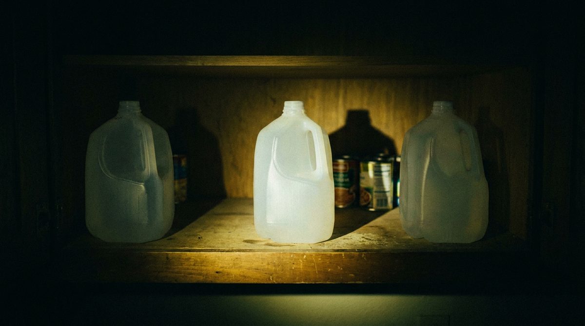 A pantry shelf in a dark kitchen holding three plastic gallon water jugs, lit by a flashlight beam, with bare shelf around them.