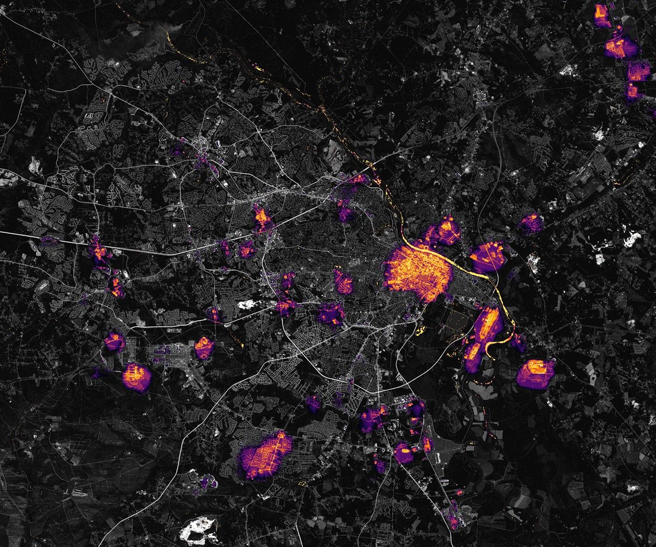 NASA Black Marble night-lights composite of Augusta, Georgia, 28 September 2024, after Hurricane Helene, showing a large loss of nighttime lighting.
