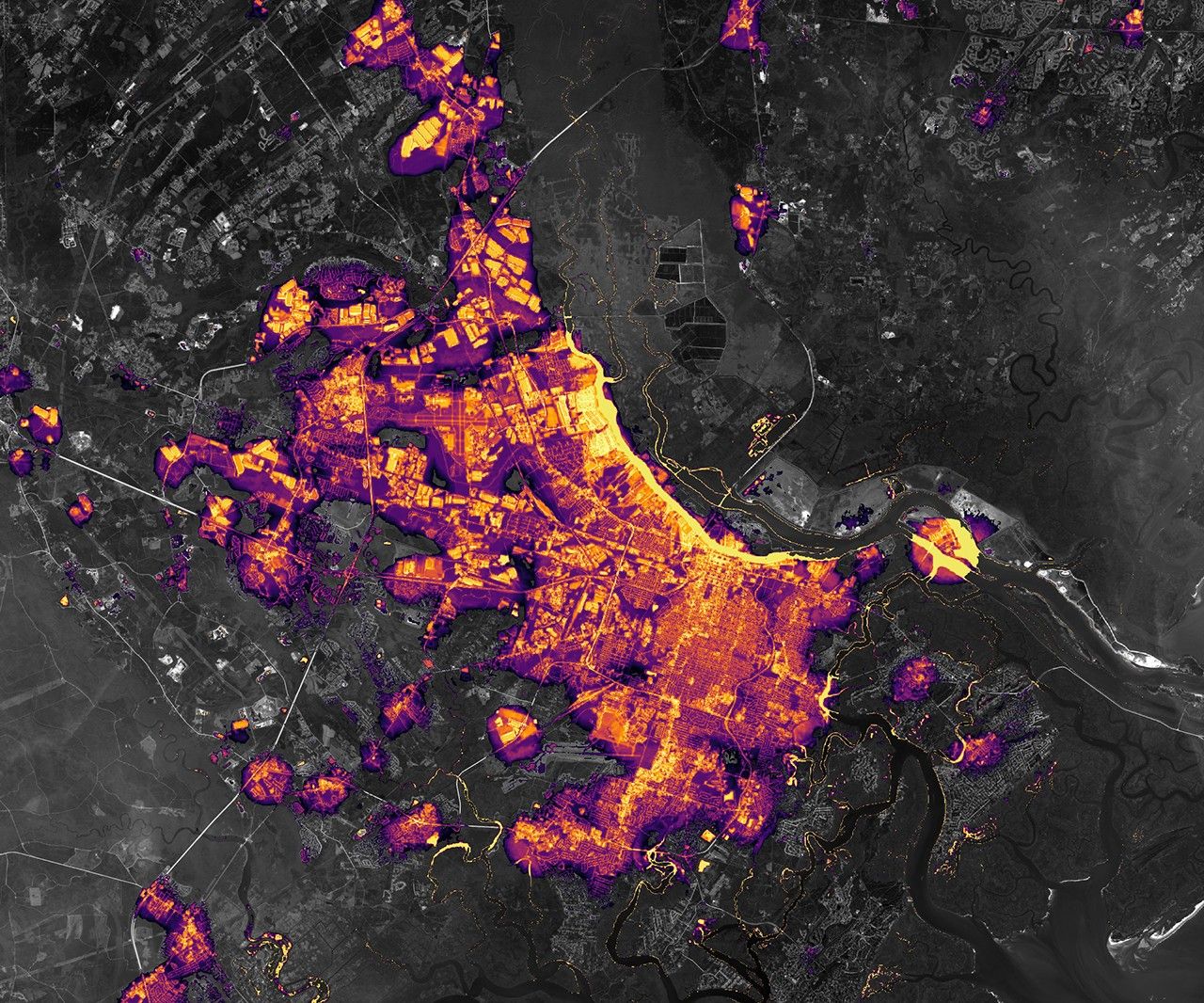 NASA night-lights image of Savannah, Georgia, August 2024, before Hurricane Helene.