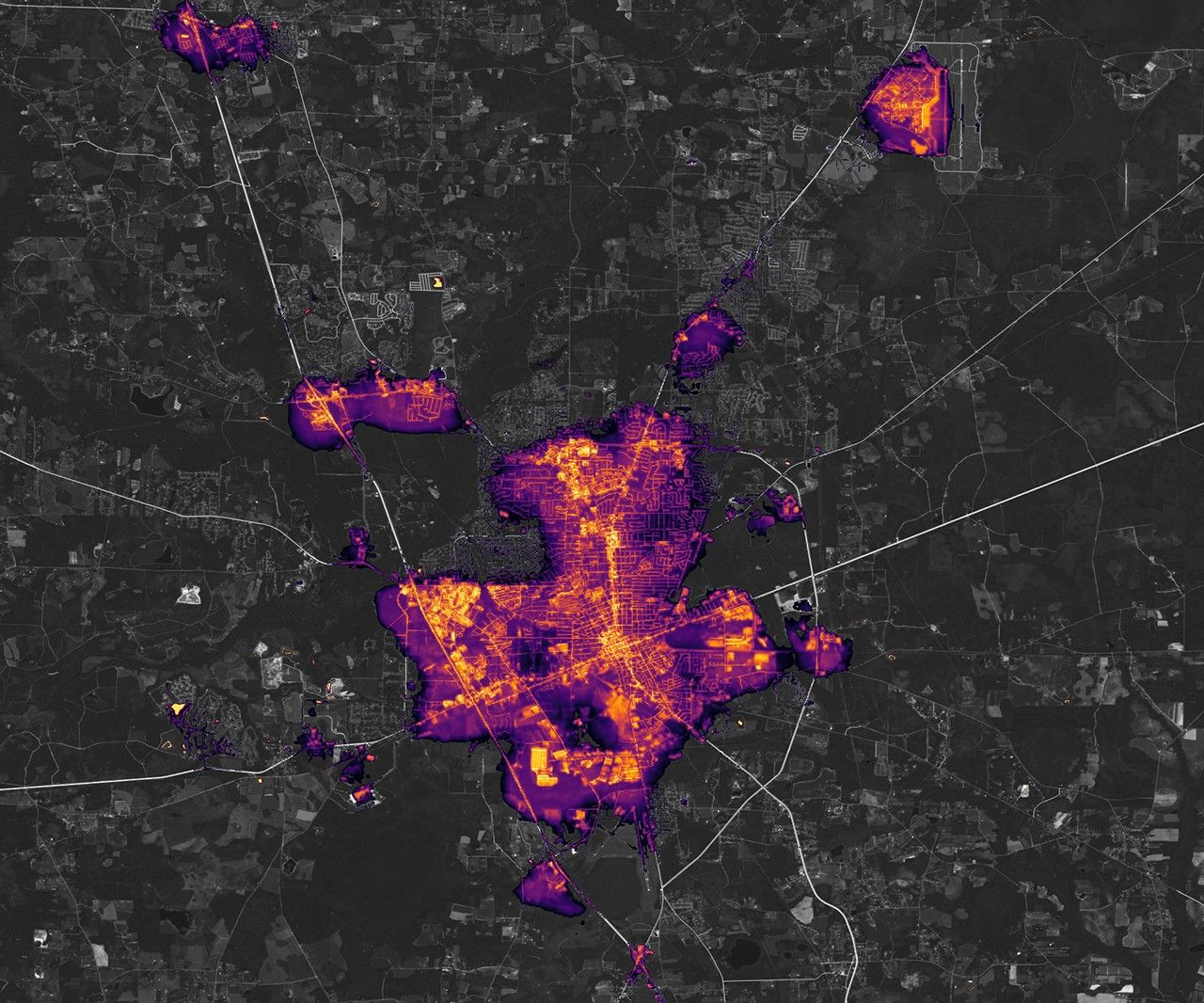 NASA night-lights image of Valdosta, Georgia, August 2024, before Hurricane Helene.